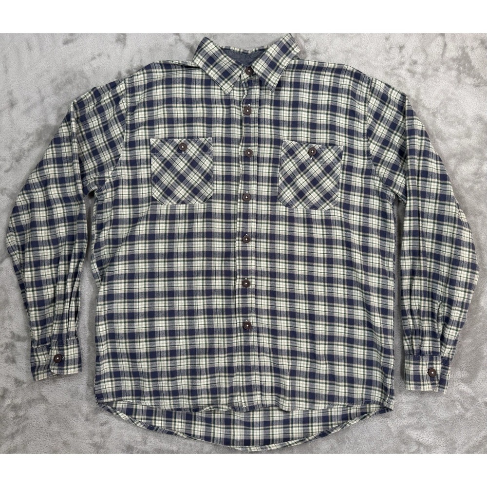 Wrangler Shirt Mens L Blue Green Plaid Flannel Button Up Chest Pockets Cotton